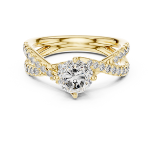 Yellow gold round twist pave solitaire lab grown diamond engagement ring, angled view