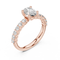 Rose gold oval three stone lab grown diamond engagement ring, side view