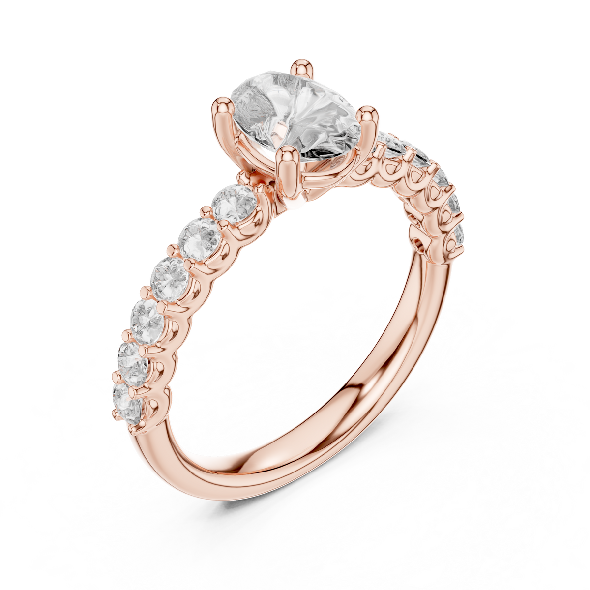 Rose gold oval three stone lab grown diamond engagement ring, side view