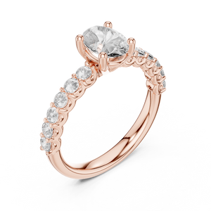 Rose gold oval three stone lab grown diamond engagement ring, side view