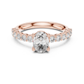 Rose gold oval three stone lab grown diamond engagement ring, angled view