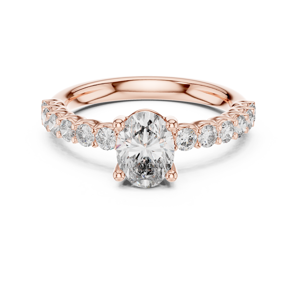 Rose gold oval three stone lab grown diamond engagement ring, angled view
