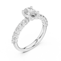 White gold oval three stone lab grown diamond engagement ring, side view