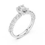White gold oval three stone lab grown diamond engagement ring, side view