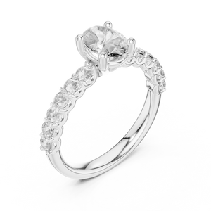White gold oval three stone lab grown diamond engagement ring, side view