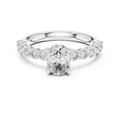 White gold oval three stone lab grown diamond engagement ring, angled view