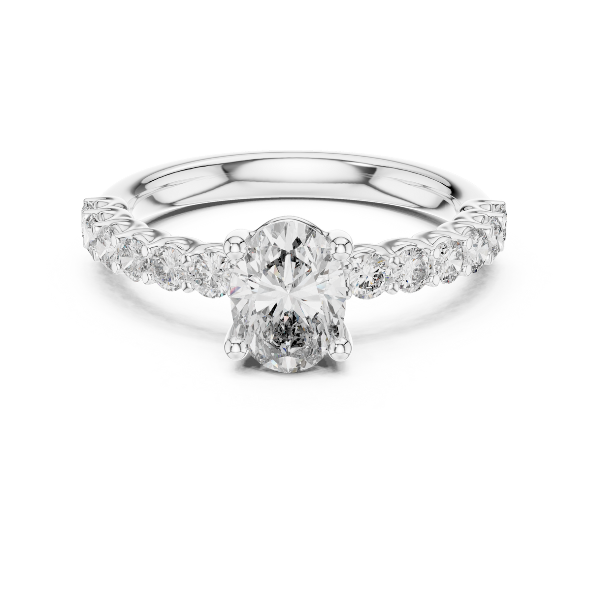 White gold oval three stone lab grown diamond engagement ring, angled view