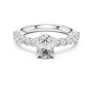 White gold oval three stone lab grown diamond engagement ring, angled view