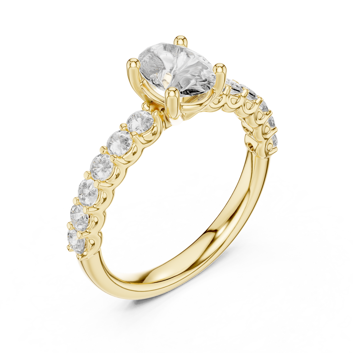 Yellow gold oval three stone lab grown diamond engagement ring, side view