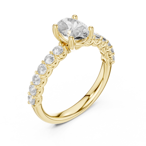 Yellow gold oval three stone lab grown diamond engagement ring, side view