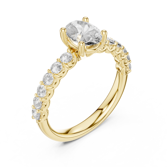 Yellow gold oval three stone lab grown diamond engagement ring, side view