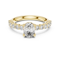 Yellow gold oval three stone lab grown diamond engagement ring, angled view