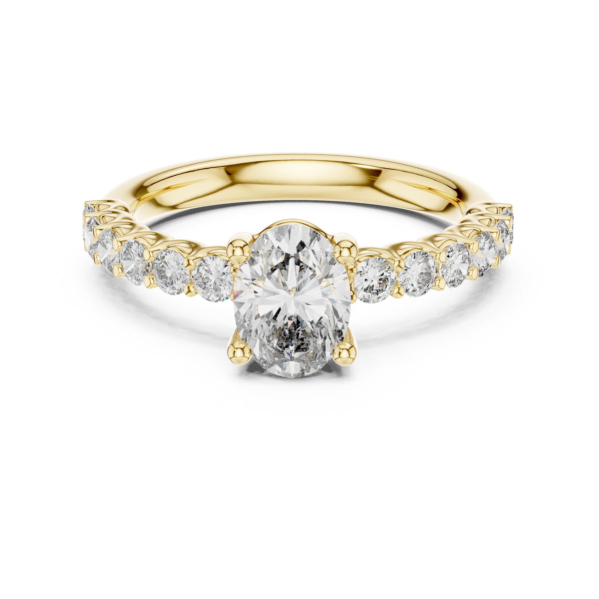 Yellow gold oval three stone lab grown diamond engagement ring, angled view