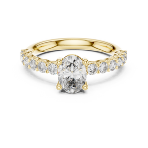 Yellow gold oval three stone lab grown diamond engagement ring, angled view
