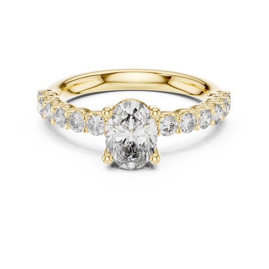 Yellow gold oval three stone lab grown diamond engagement ring, angled view