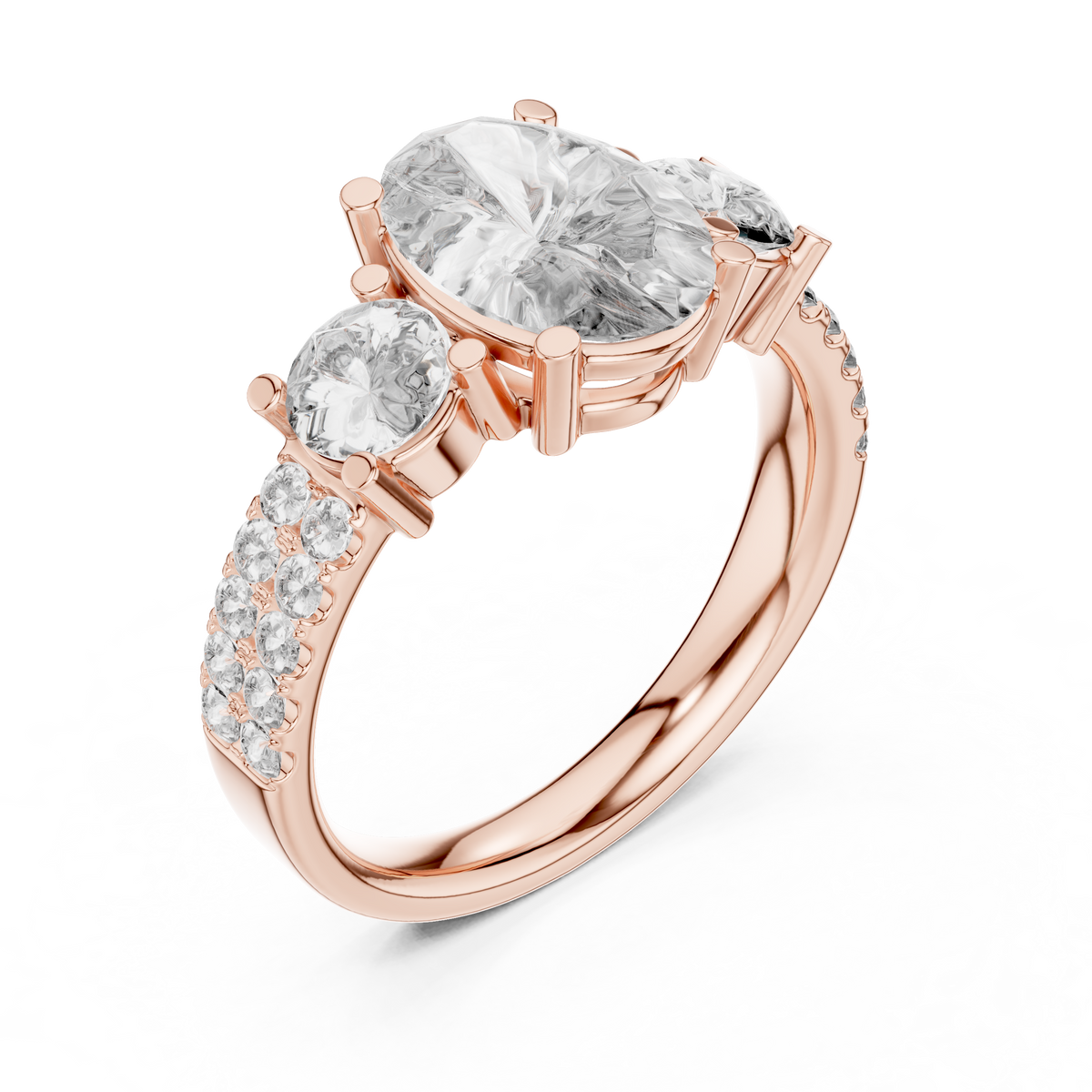 Rose gold radiant cut split shank solitaire lab grown diamond engagement ring, side view