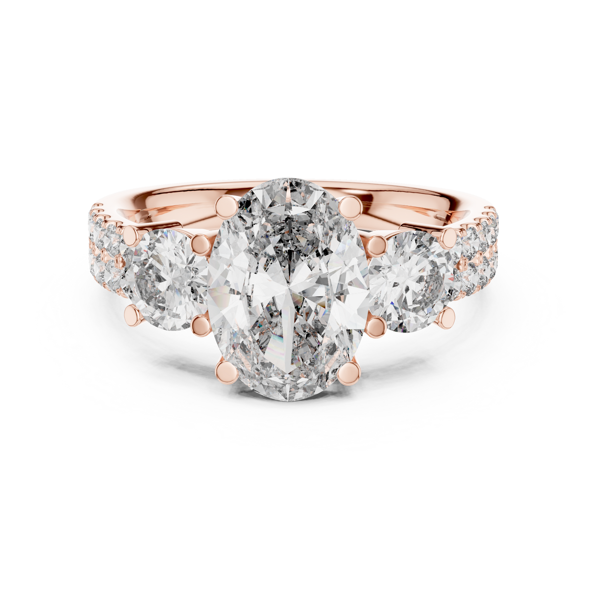 Rose gold radiant cut split shank solitaire lab grown diamond engagement ring, angled view
