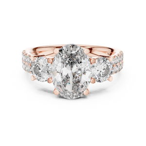 Rose gold radiant cut split shank solitaire lab grown diamond engagement ring, angled view