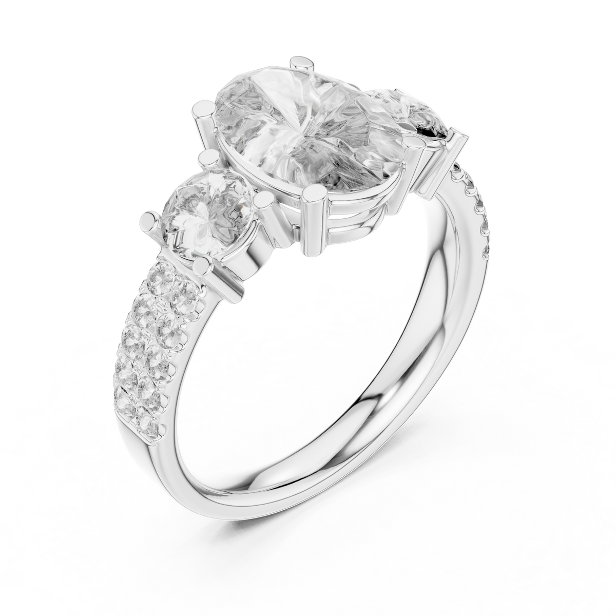 White gold radiant cut split shank solitaire lab grown diamond engagement ring, side view