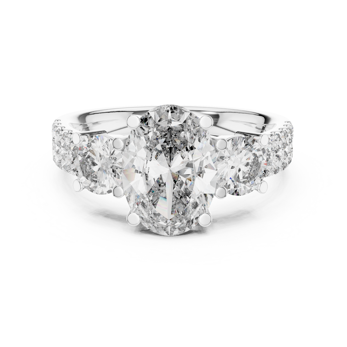White gold radiant cut split shank solitaire lab grown diamond engagement ring, angled view