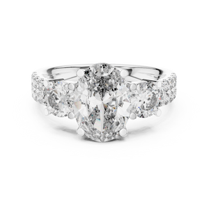 White gold radiant cut split shank solitaire lab grown diamond engagement ring, angled view