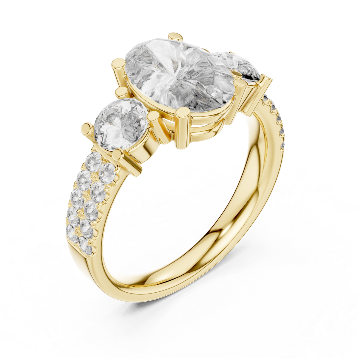 Yellow gold radiant cut split shank solitaire lab grown diamond engagement ring, side view