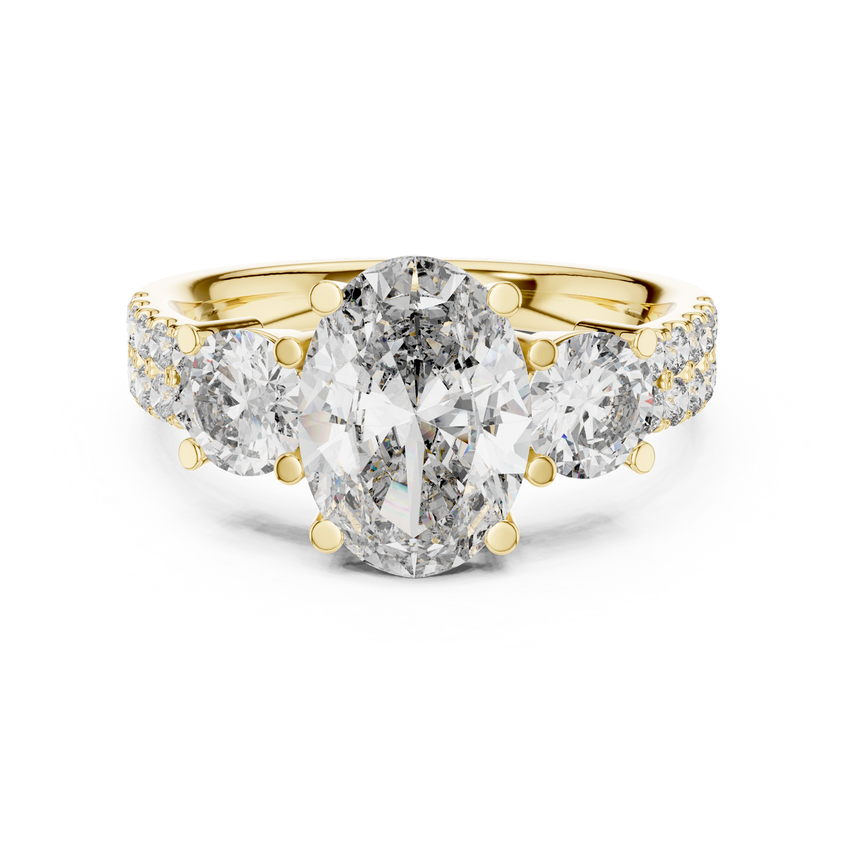 Yellow gold radiant cut split shank solitaire lab grown diamond engagement ring, angled view