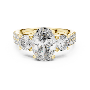 Yellow gold radiant cut split shank solitaire lab grown diamond engagement ring, angled view