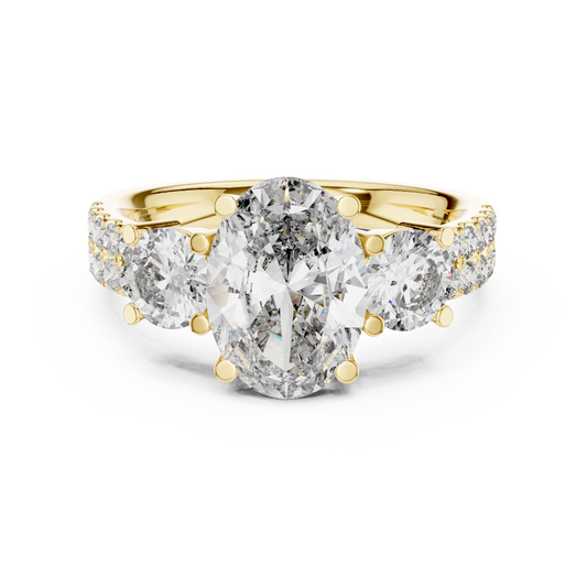 Yellow gold radiant cut split shank solitaire lab grown diamond engagement ring, angled view
