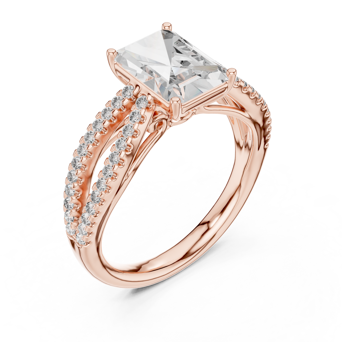 Rose gold oval cut side stone lab grown diamond engagement ring, side view