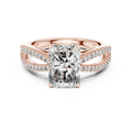 Rose gold oval cut side stone lab grown diamond engagement ring, angled view