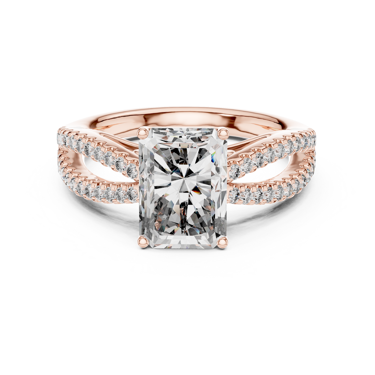 Rose gold oval cut side stone lab grown diamond engagement ring, angled view
