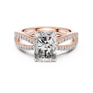 Rose gold oval cut side stone lab grown diamond engagement ring, angled view