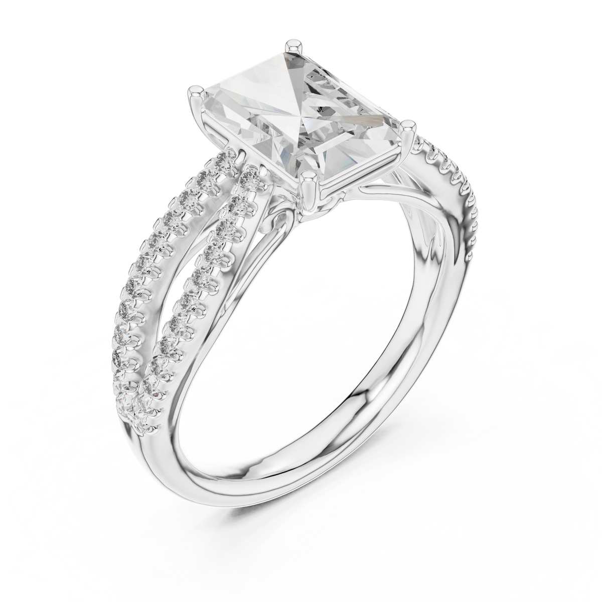 White gold oval cut side stone lab grown diamond engagement ring, side view