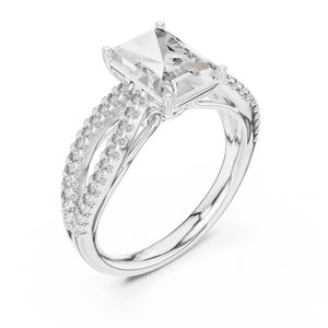 White gold oval cut side stone lab grown diamond engagement ring, side view