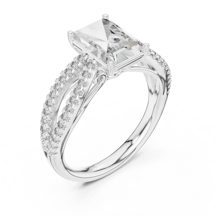 White gold oval cut side stone lab grown diamond engagement ring, side view