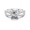 White gold oval cut side stone lab grown diamond engagement ring, angled view