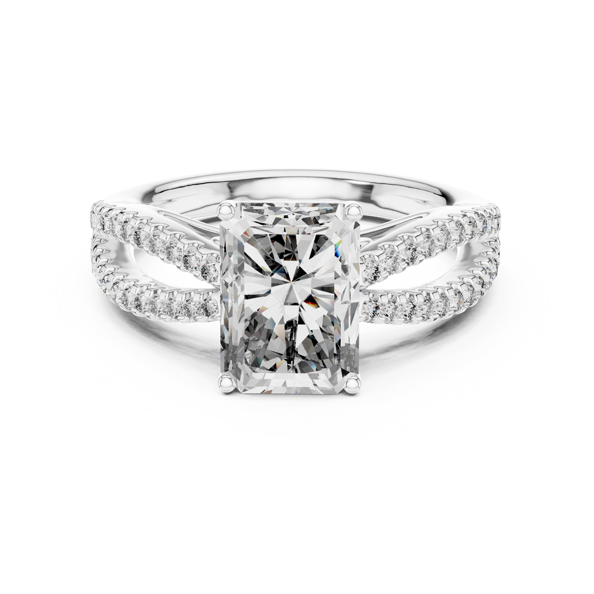 White gold oval cut side stone lab grown diamond engagement ring, angled view