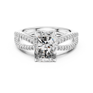 White gold oval cut side stone lab grown diamond engagement ring, angled view