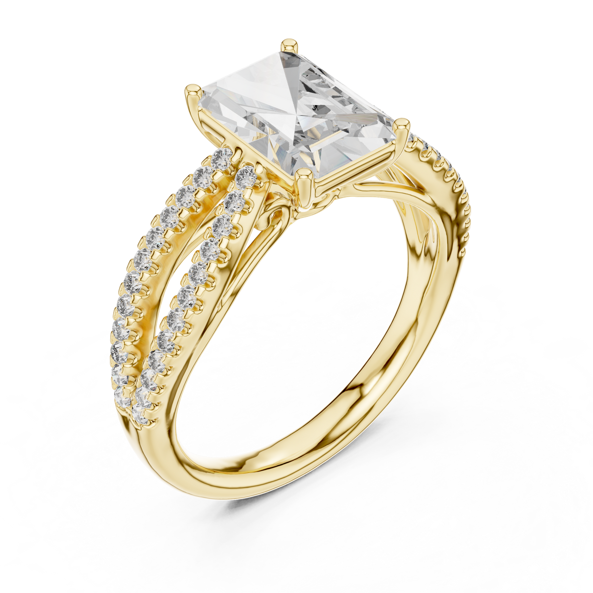 Yellow gold oval cut side stone lab grown diamond engagement ring, side view