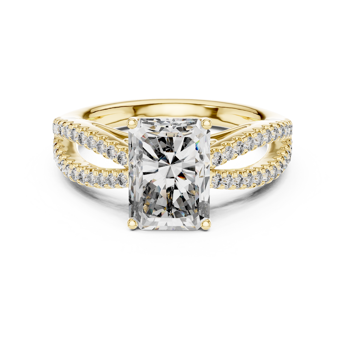 Yellow gold oval cut side stone lab grown diamond engagement ring, angled view