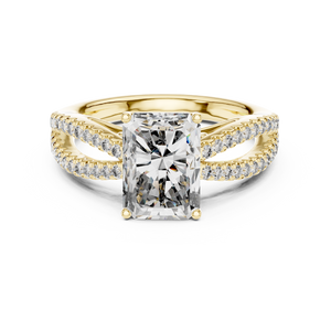 Yellow gold oval cut side stone lab grown diamond engagement ring, angled view