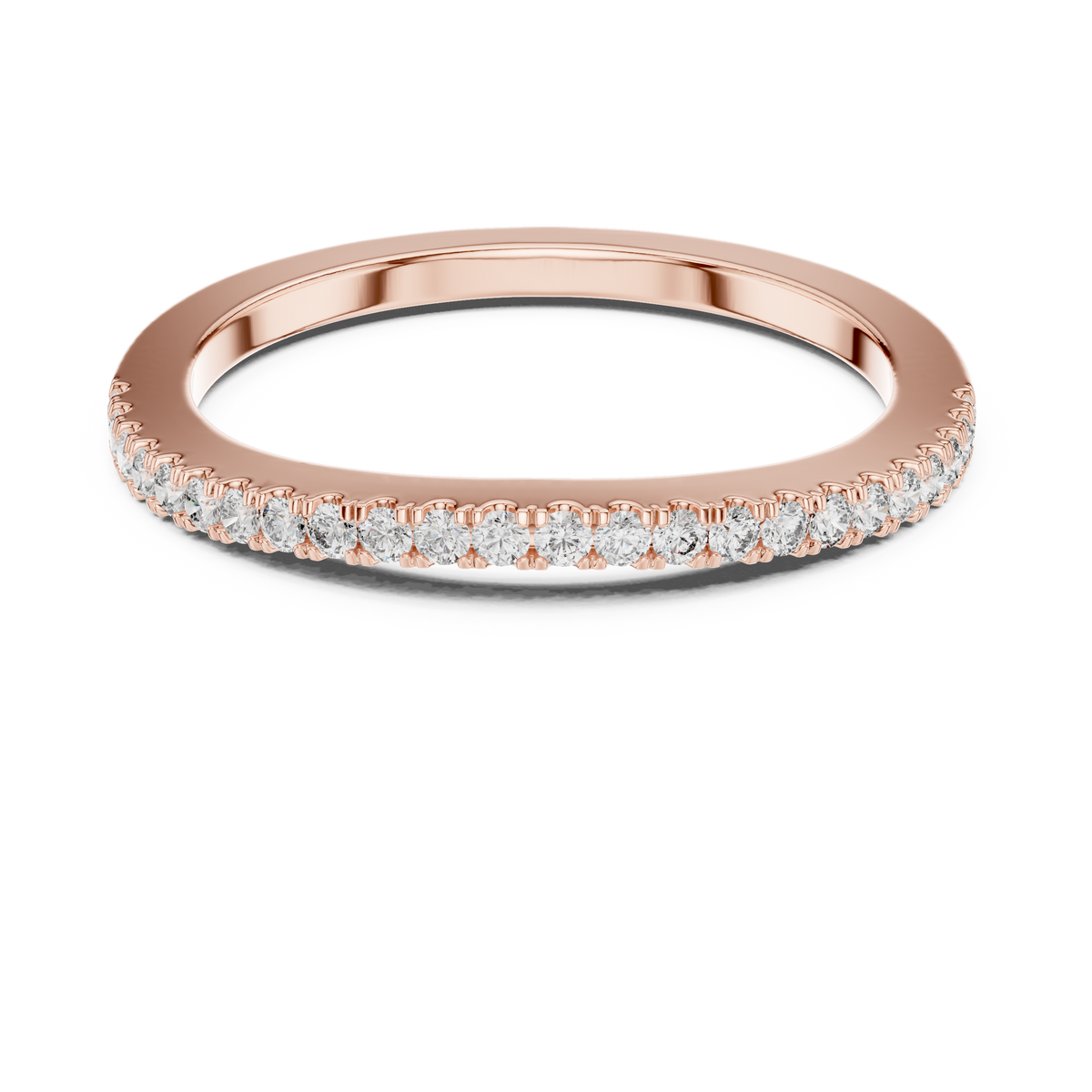 Rose gold round half eternity lab grown diamond wedding band, angled view