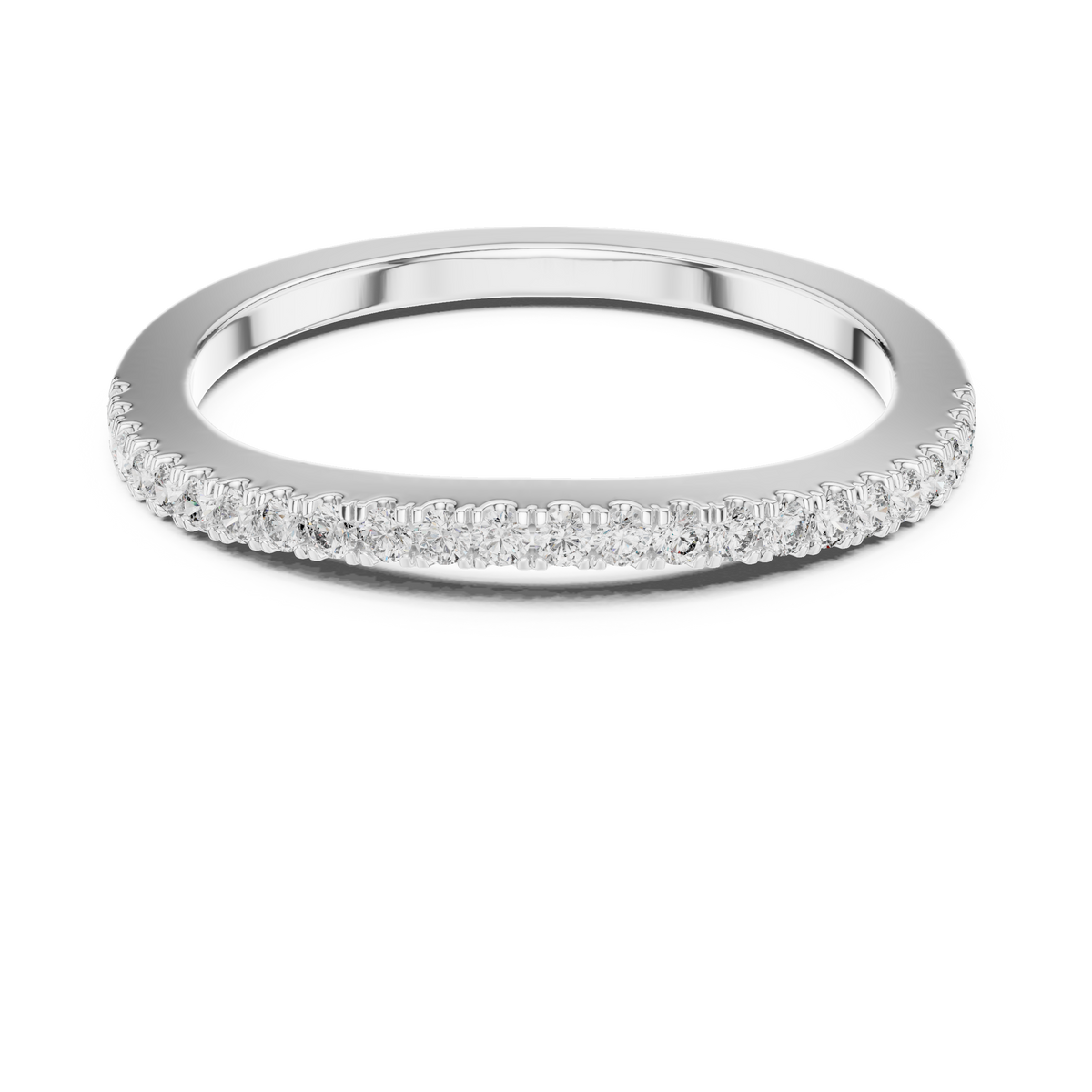 White gold round half eternity lab grown diamond wedding band, angled view