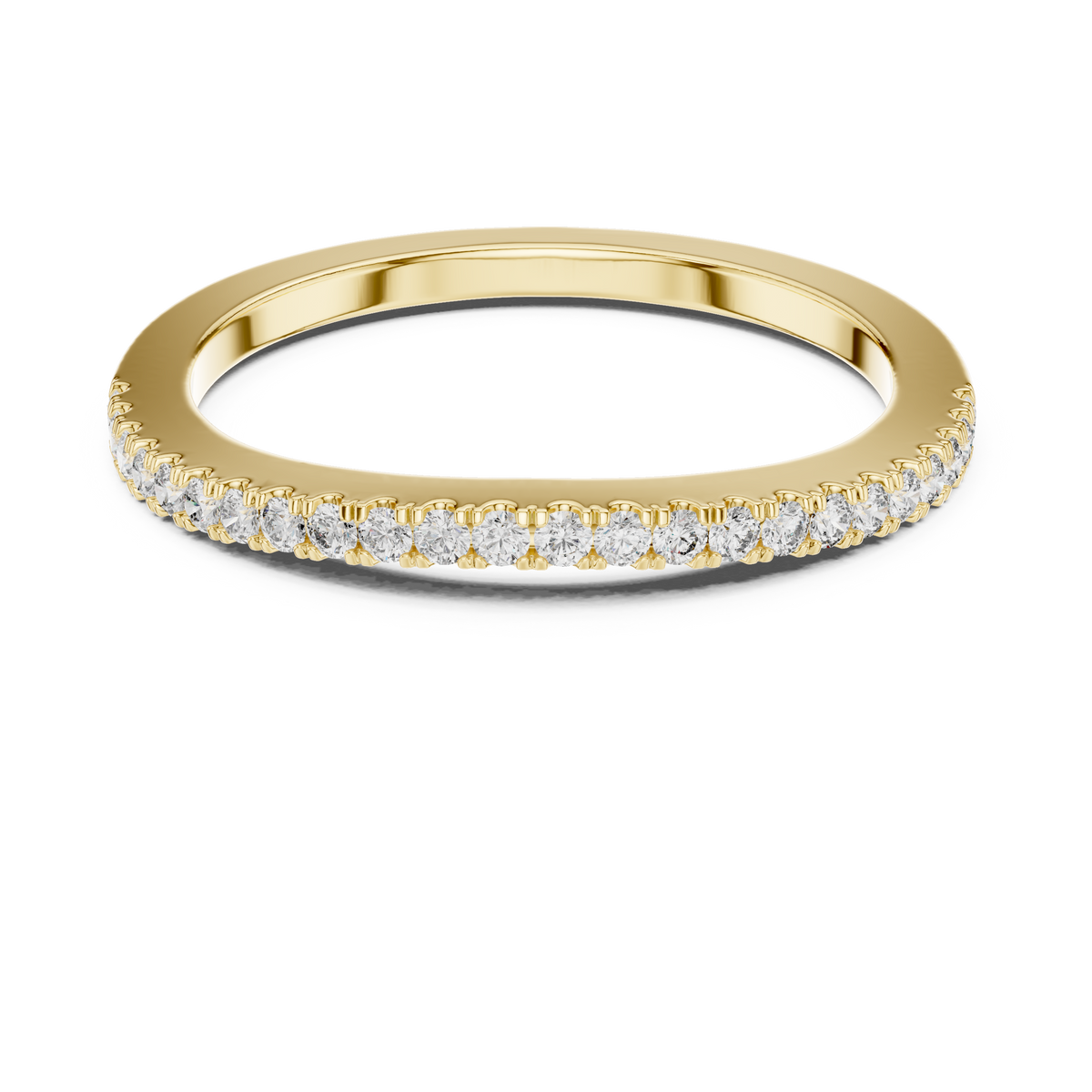 Yellow gold round half eternity lab grown diamond wedding band, angled view