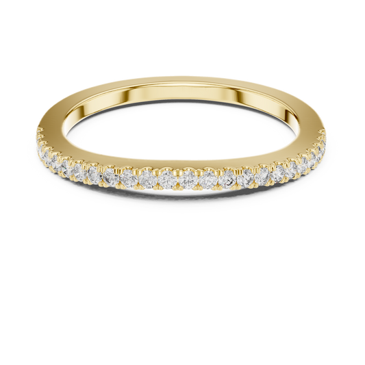 Yellow gold round half eternity lab grown diamond wedding band, angled view
