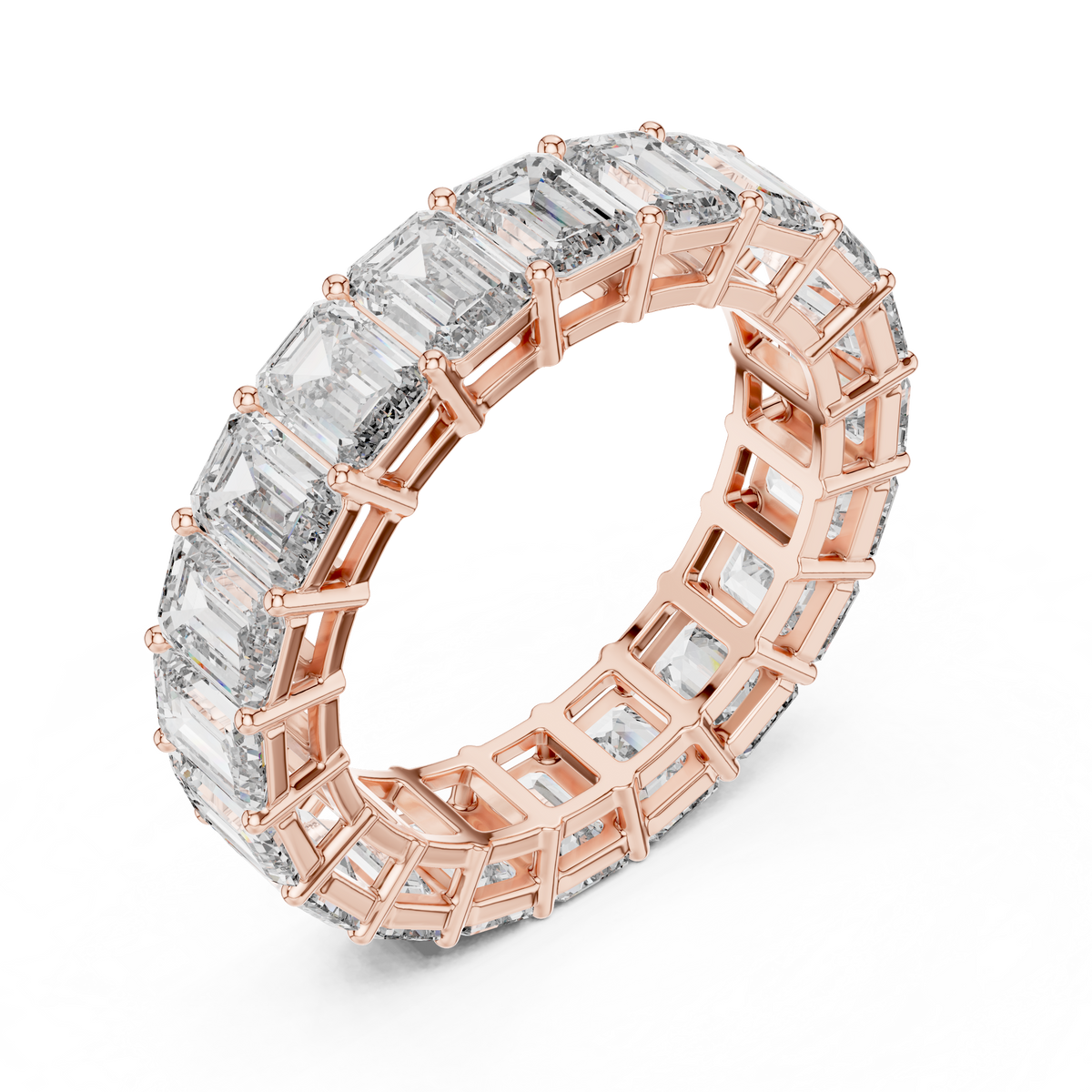 Rose gold emerald cut lab grown diamond full eternity band, side view
