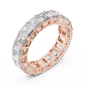 Rose gold emerald cut lab grown diamond full eternity band, side view