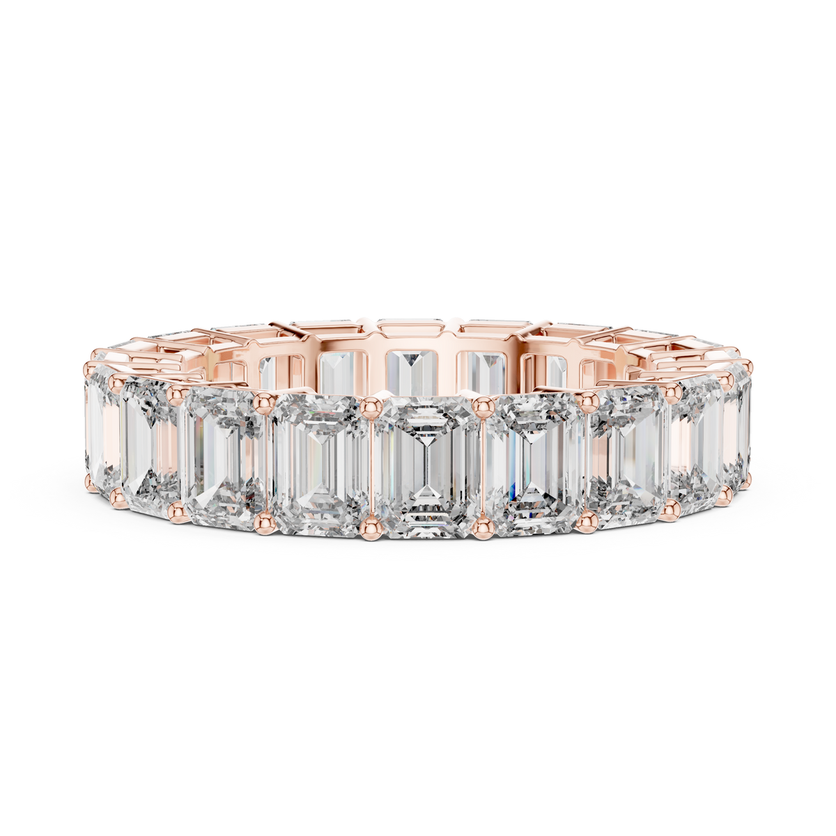 Rose gold emerald cut lab grown diamond full eternity band, close-up view
