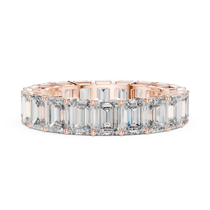 Rose gold emerald cut lab grown diamond full eternity band, close-up view